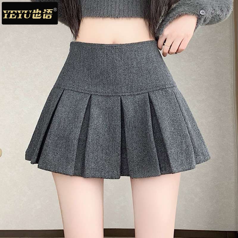 高级感欲毛呢半身裙女秋冬遮胯收腹字呢子伞裙辣妹百褶超短裙