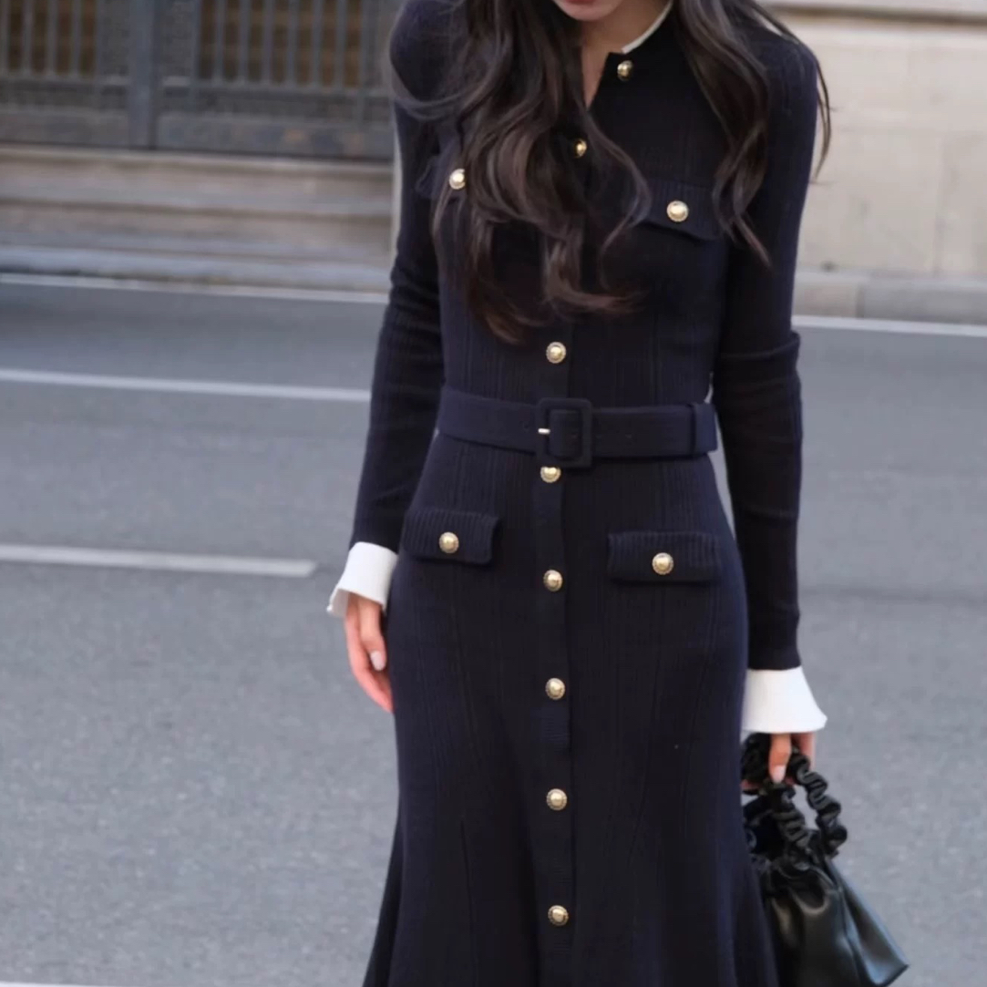 秋季法式高级感名媛风针织拼接A字显瘦长款连衣裙