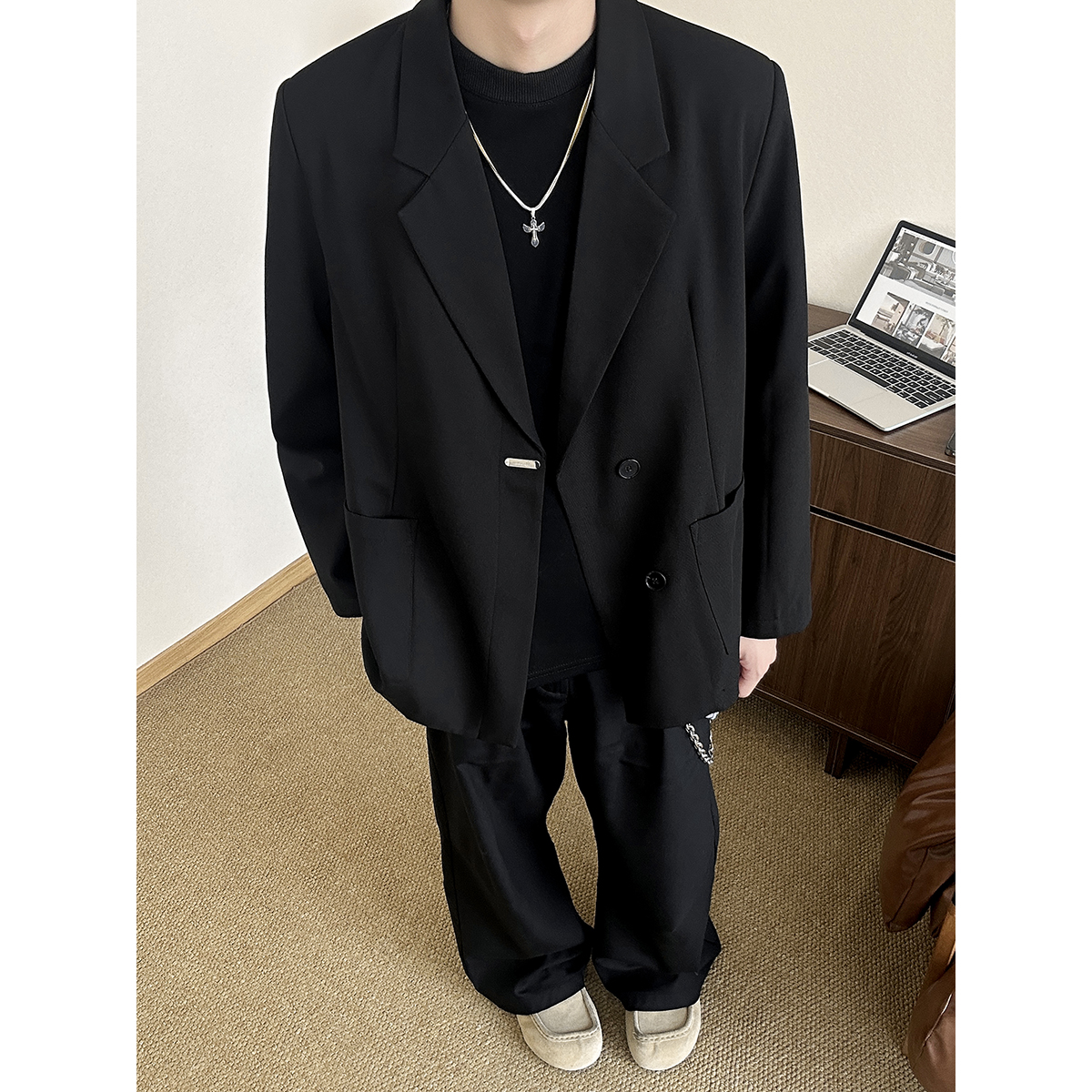 秋季新款痞帅正肩西服外套上衣宽松廓形韩版黑色小众潮流ins休闲