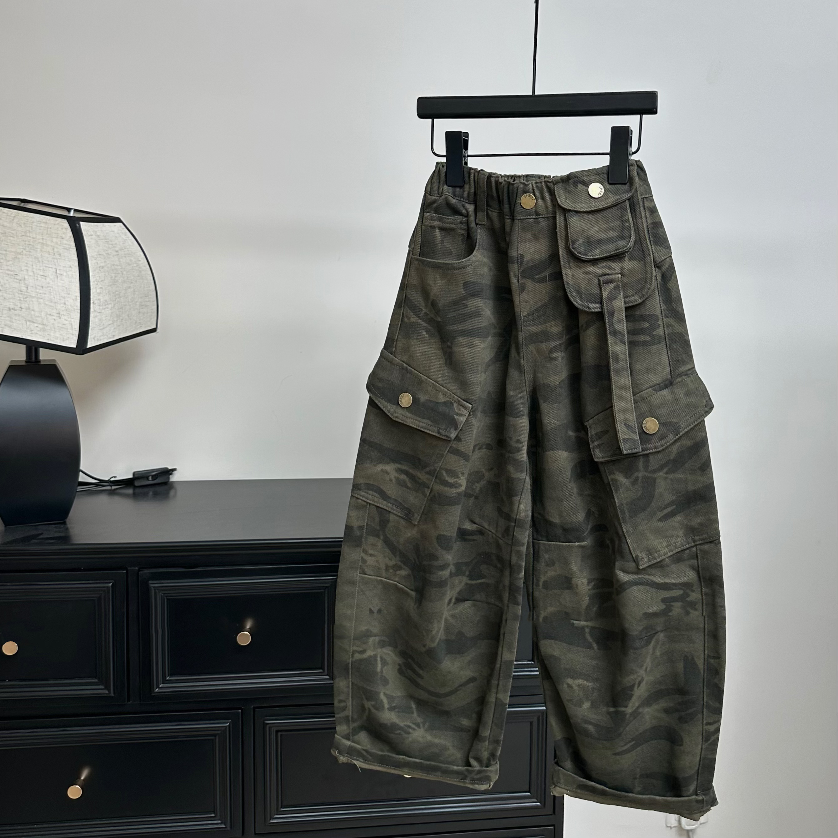 纯棉品质休闲伞兵工装迷彩长裤男女中大童痞帅休闲潮酷宽松弯刀裤