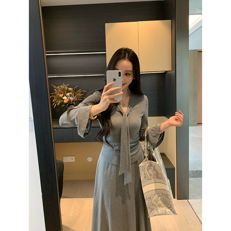 XINYI【轻氧Lady】秋季针织弹力上衣+高腰长半裙套装女X625A13913