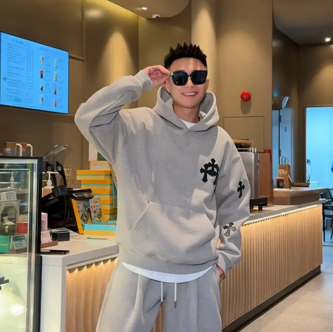 秋冬季高街贴皮重磅休闲宽松上衣裤子两件套加厚连帽卫衣套装男士