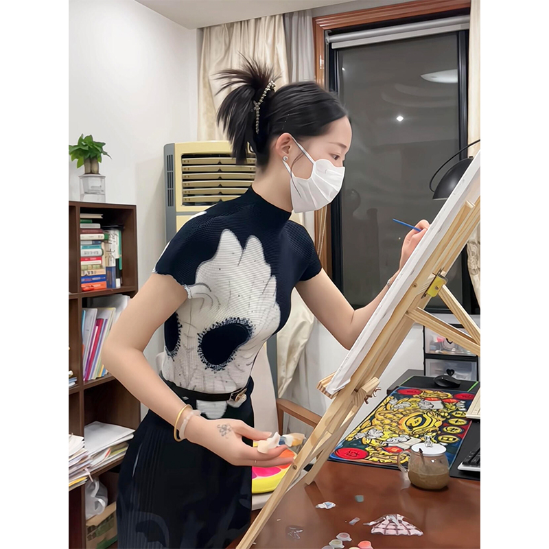 parkyeon夏季新款半高领印花短袖上衣气质高腰显瘦碎花半身裙套装