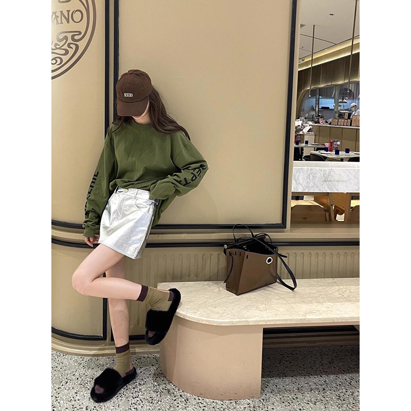 美式炸街ins宽松休闲百搭薄款长袖T恤上衣高腰直筒银色包臀半身裙