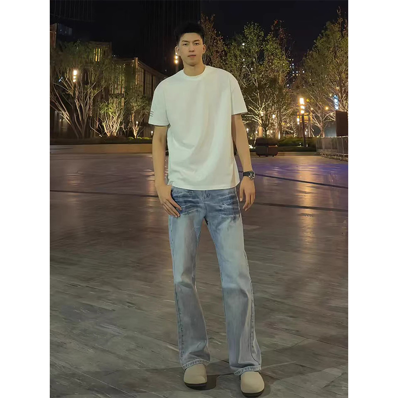 早秋痞帅闪电纹男士牛仔裤宽松百搭微喇裤美式潮牌休闲vibe直筒裤