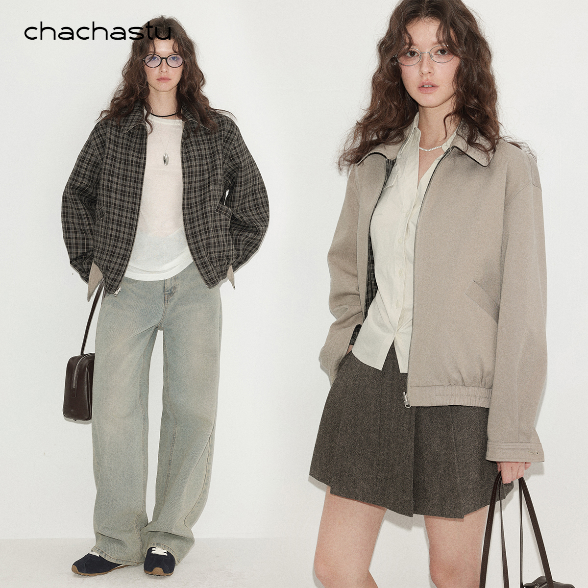 CHACHASTU【秋】哈灵顿 重工两面穿设计休闲翻领格纹夹克外套K31