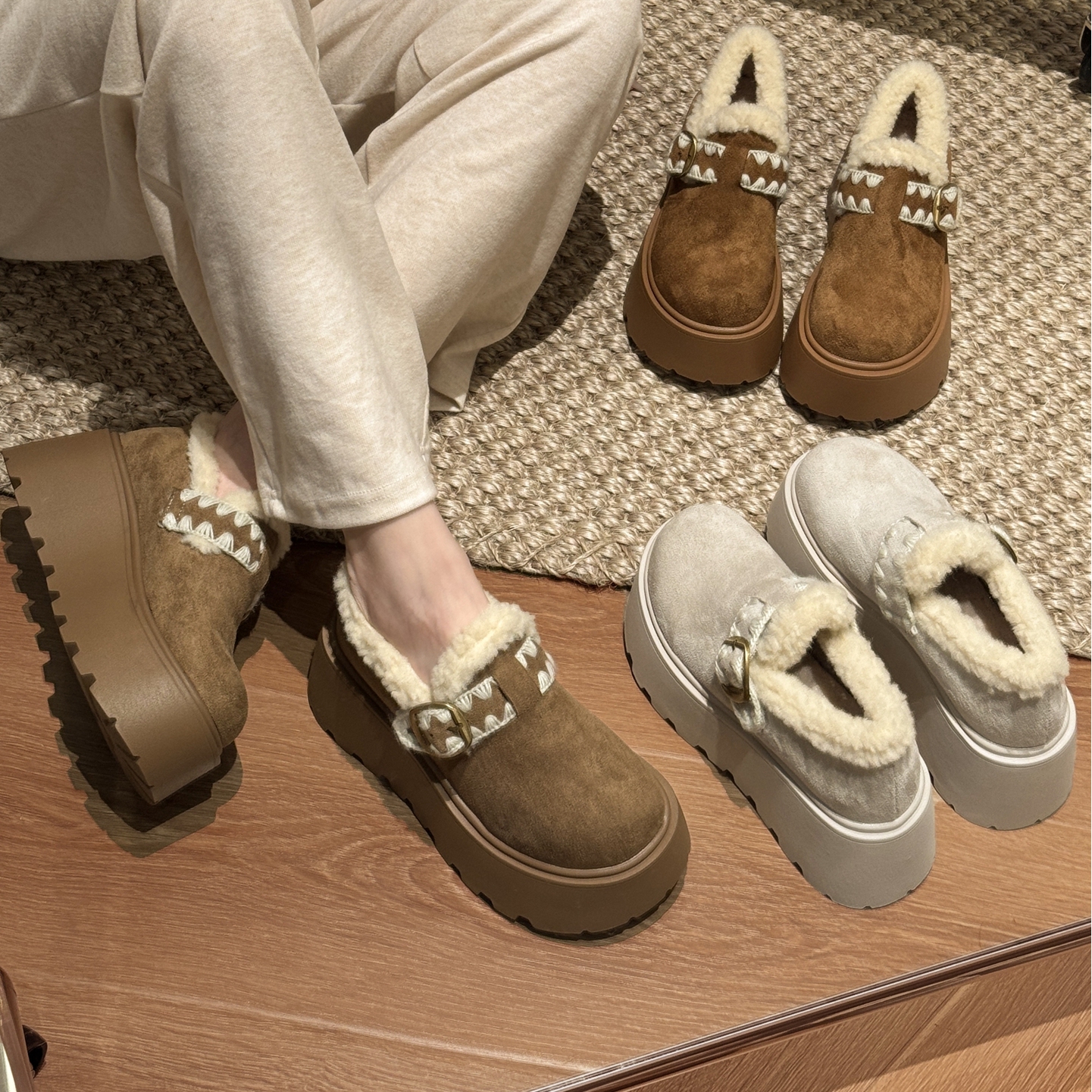 贾不假女士保暖防滑棉鞋2025新款冬季加绒厚底增高毛毛勃肯鞋爆款