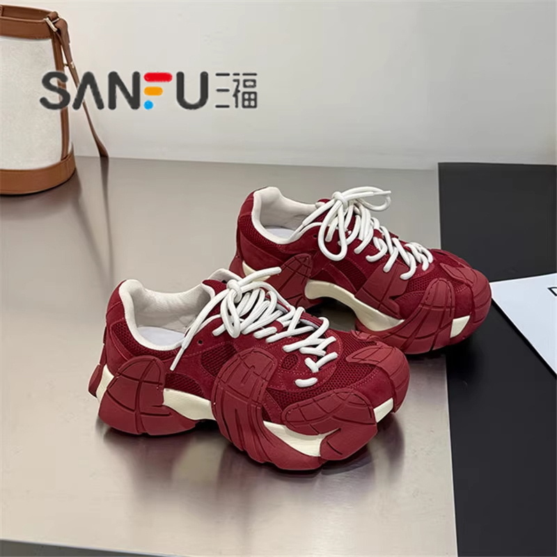 三福真皮欧洲站八爪鱼老爹鞋女2025秋季新款厚底增高网面休闲潮鞋