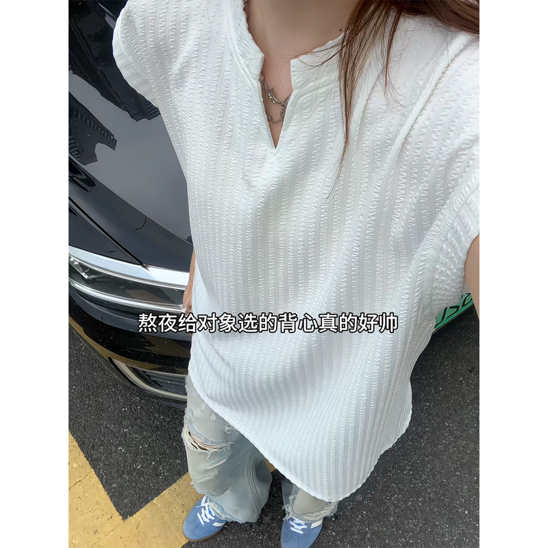 白色v领无袖背心男夏季薄款肌理感冰丝短袖小袖口速干运动t恤汗衫