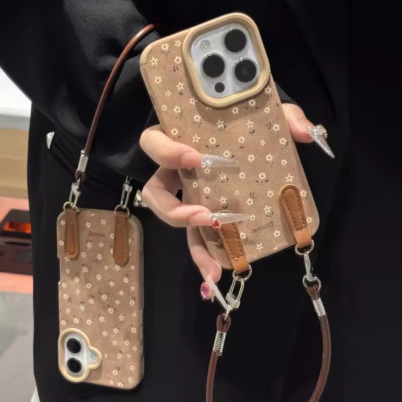 手提皮绳小花贴皮适用苹果17promax手机iPhone16/15女14复古13软