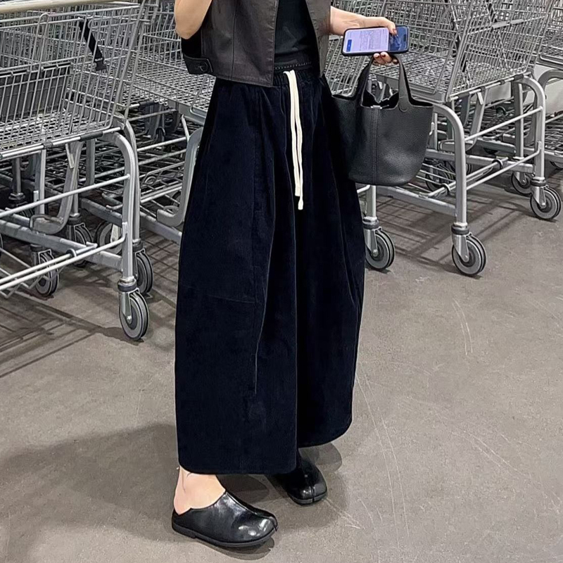 韩系简约松紧腰灯芯绒八分裤女秋季宽松复古灯笼裤百搭抽绳阔腿裤