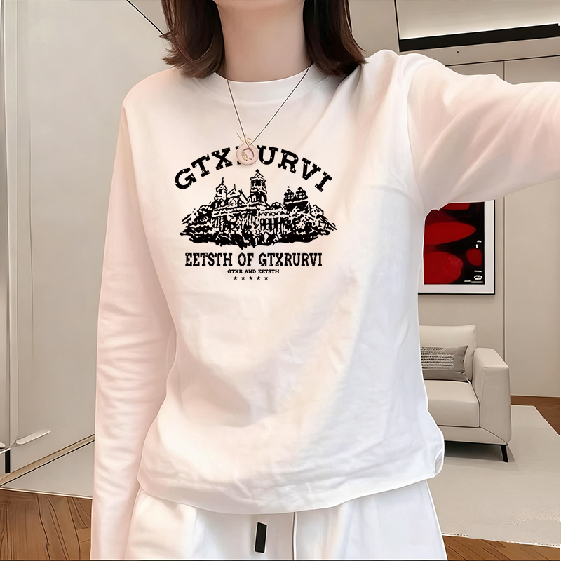 2025新款秋季宽松涂鸦圆领长袖T恤女装高级感别致休闲打底衫上衣