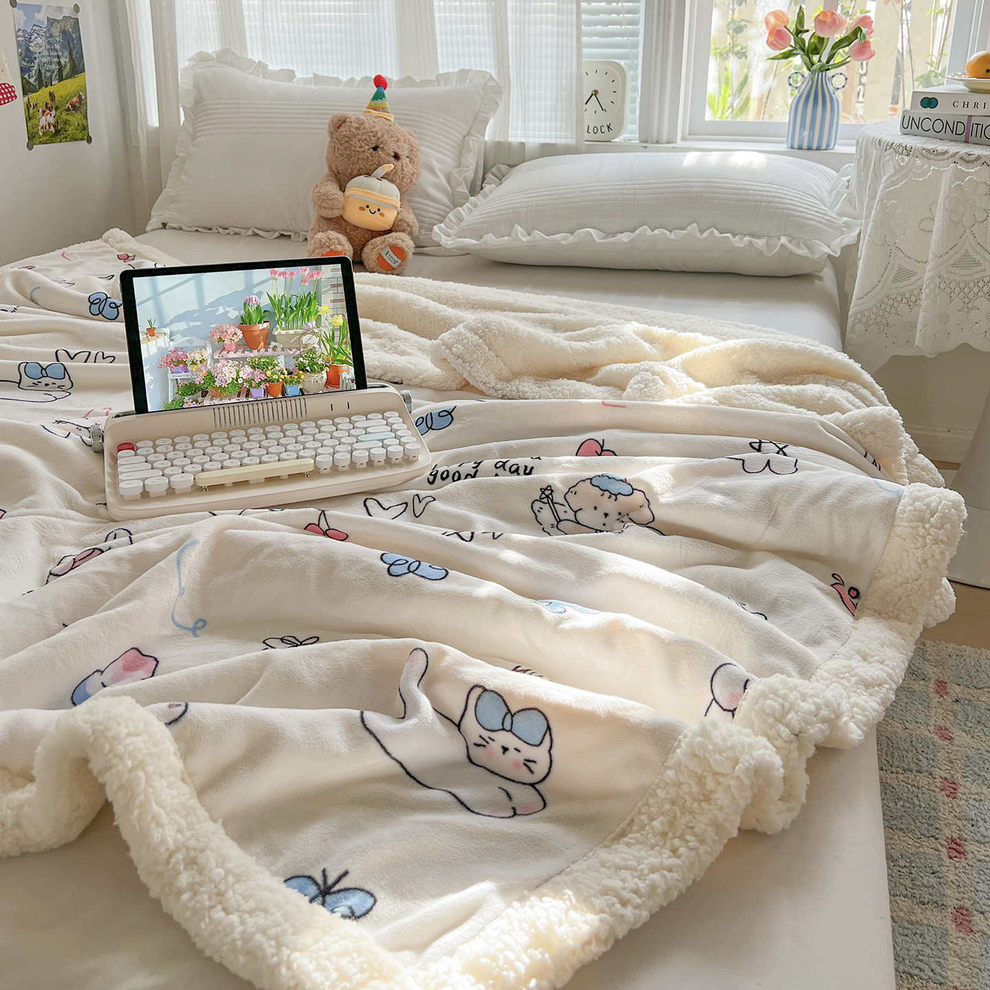 小清新卡通羊羔绒印花毛毯多功能盖毯办公室沙发午睡毯子四季通用