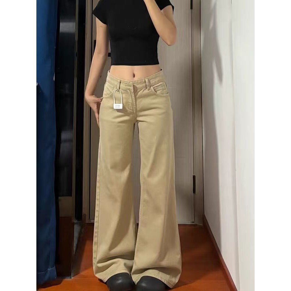 卡其色微喇牛仔裤2025夏季薄款美式复古低腰显瘦垂感棕色喇叭裤子