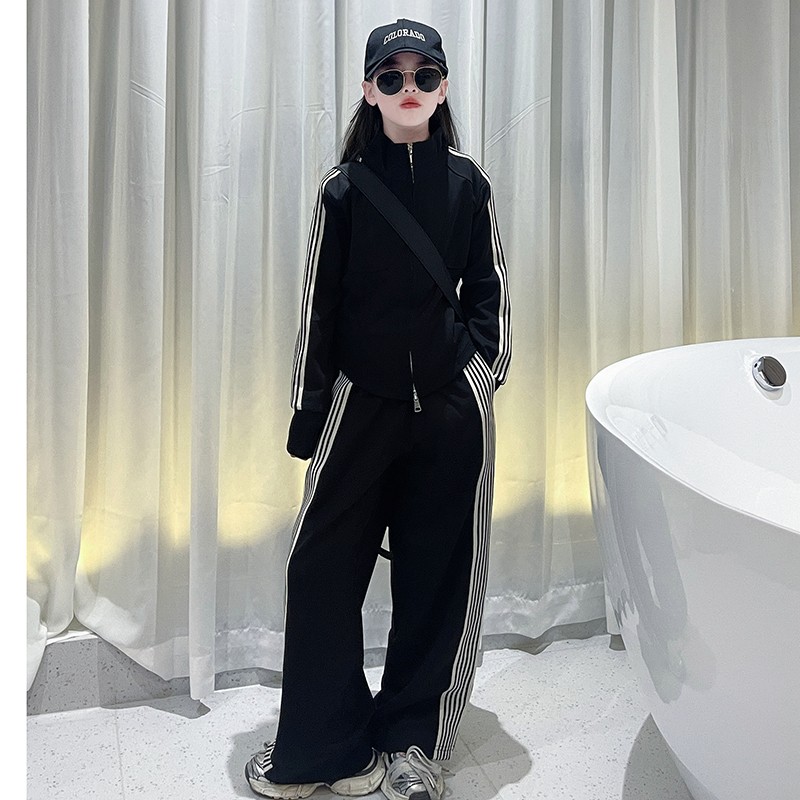 女童套装春秋2025新款韩版中大童拉链衫外套休闲宽松阔腿裤运动服