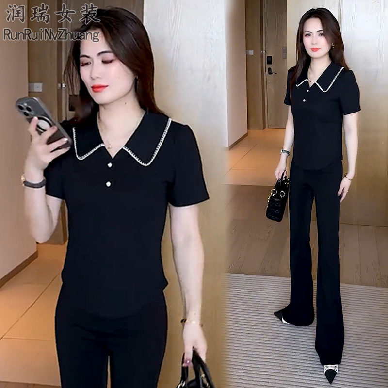 轻熟风女装时尚套装2025夏季新款小个子修身短袖T恤微喇裤两件套