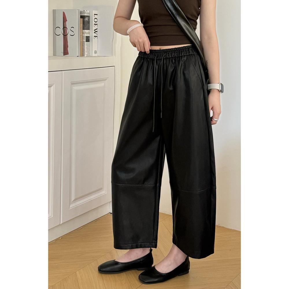 欧货抽绳松紧腰蛋白皮九分皮裤女秋季新款高腰显瘦气质休闲裤