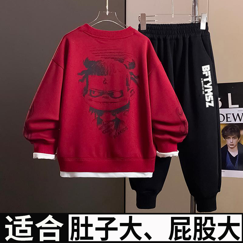 小胖墩胖男孩长袖套装春秋款中大童学生宽松运动服胖童装两件套潮