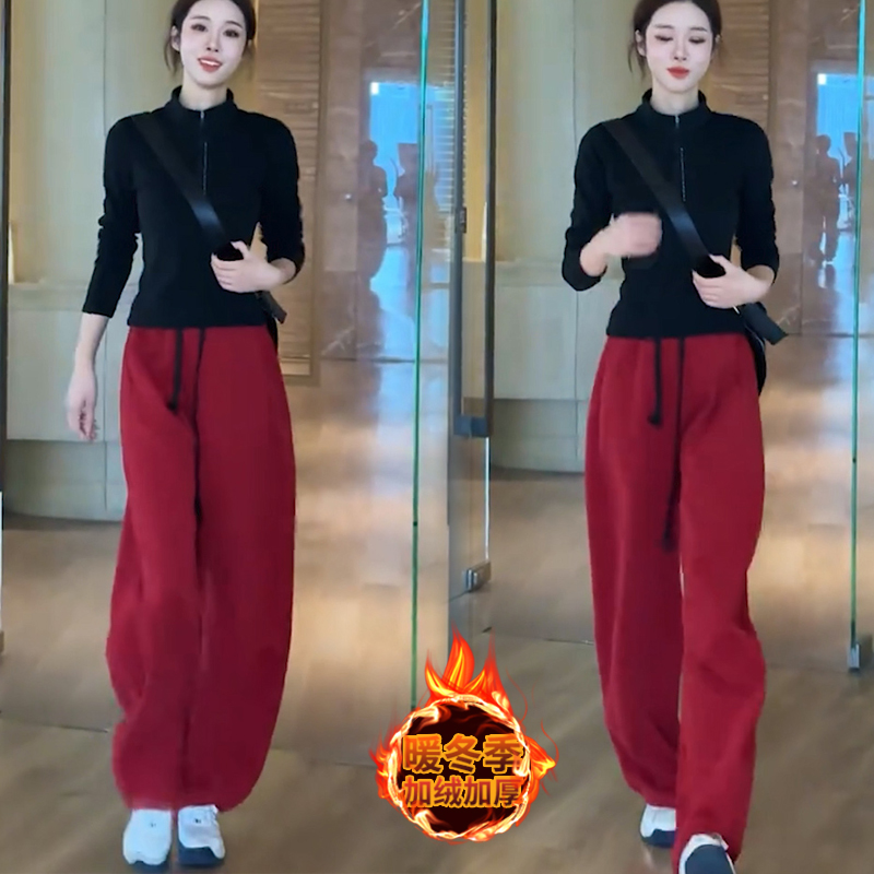 时尚套装女秋冬新款半拉链双面绒打底上衣休闲加绒阔腿裤两件套潮