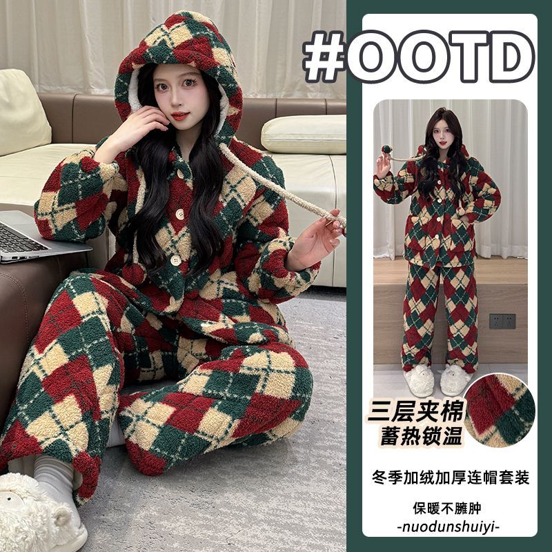 珊瑚绒三层夹棉2025冬季半边绒睡衣女加绒加厚保暖简约家居服外穿