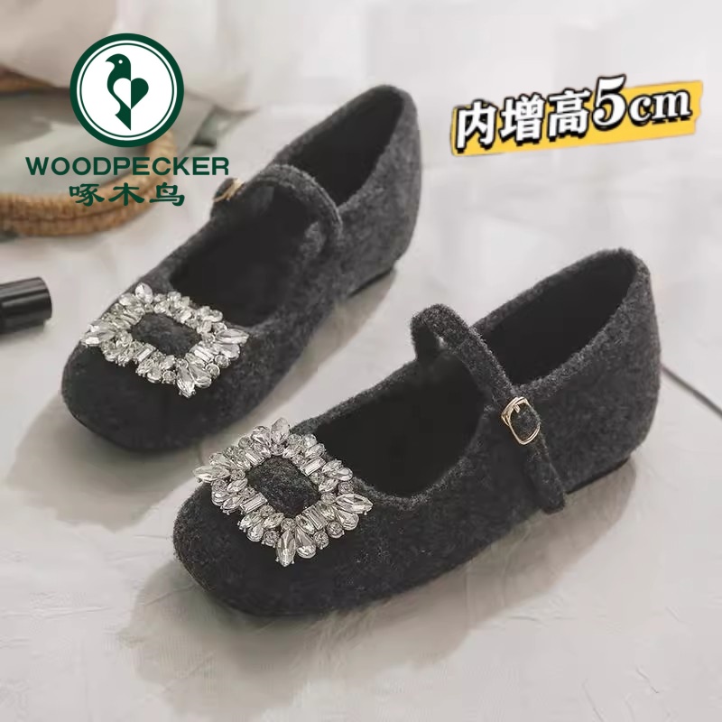 啄木鸟玛丽珍女鞋内增高法式配裙子毛毛鞋女外穿毛呢加绒单鞋女