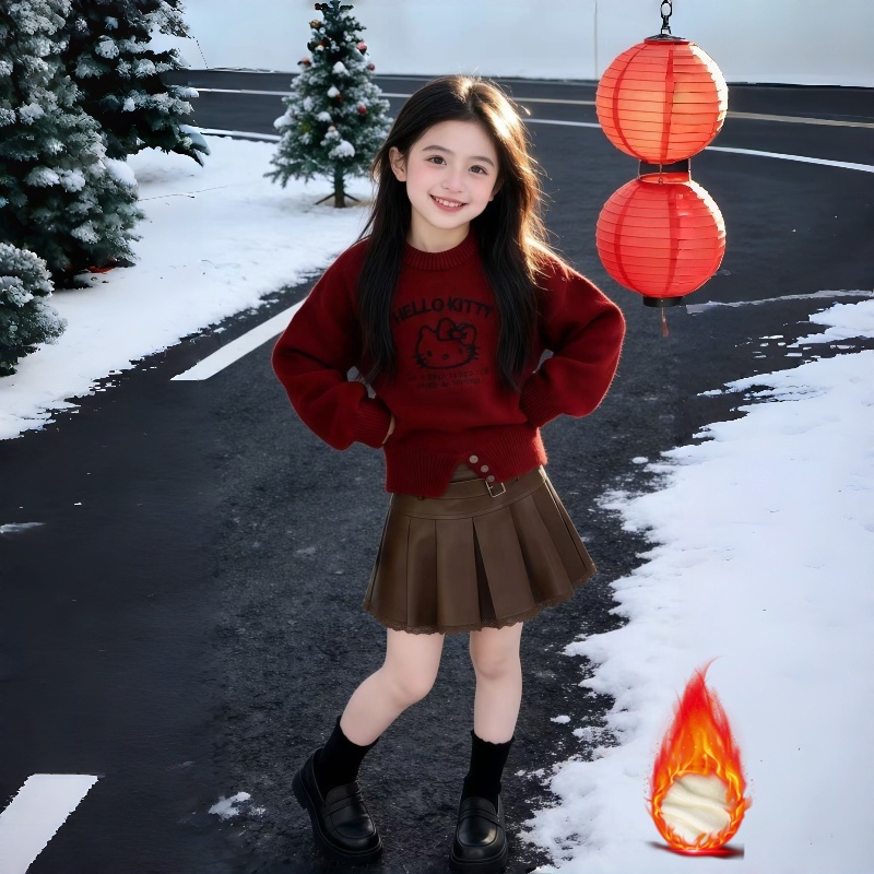 女童卡通毛衣新款中大童时尚韩系本命年加厚加绒皮裙洋气年服套装