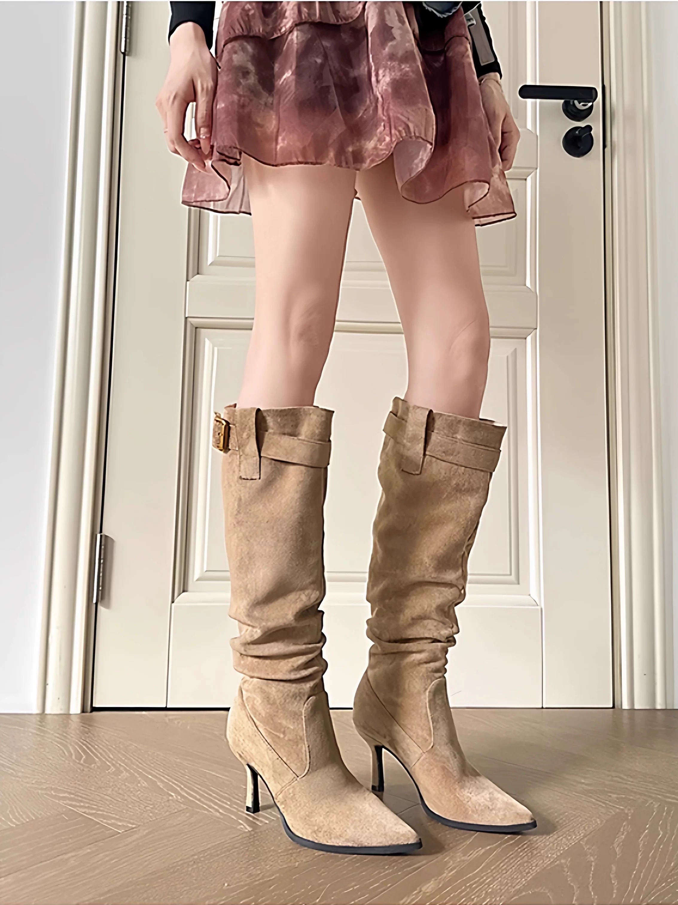 尖头细跟显瘦粗腿胖mm长靴女大筒围堆堆靴褶皱高跟长筒靴瘦瘦靴子