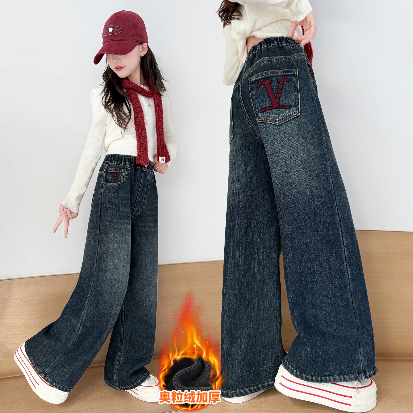 女童冬装加绒加厚阔腿牛仔裤2025新款中大儿童初中生宽松直筒裤子