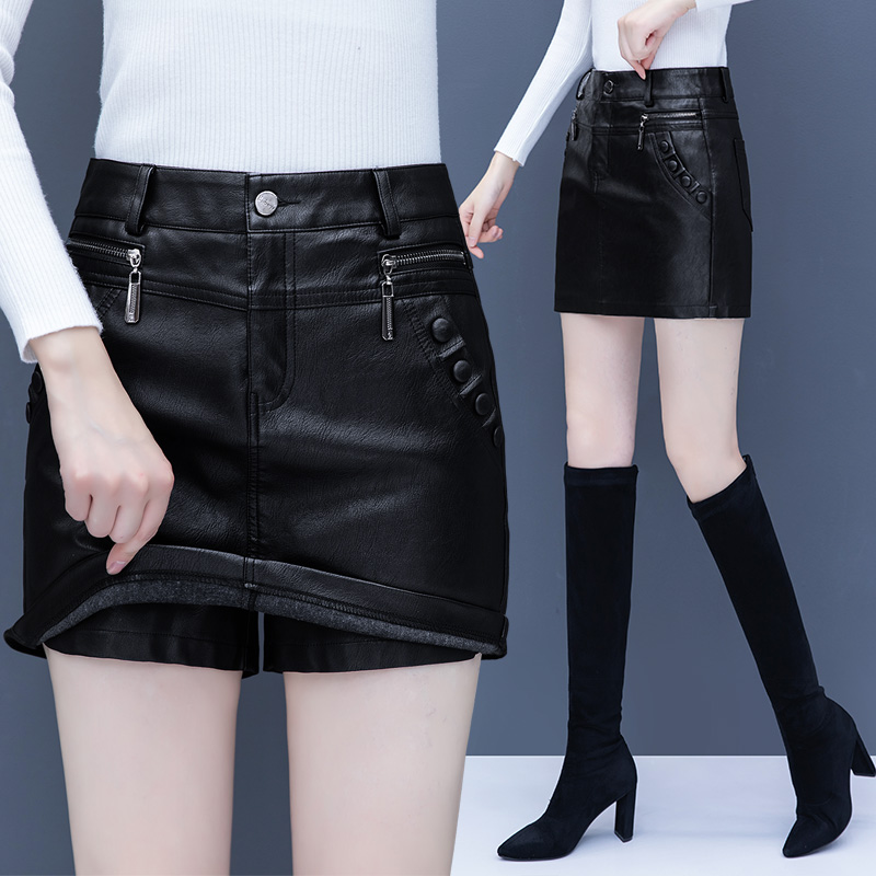 拉夏贝尔高腰a字皮裙裤女2025秋冬季新款显瘦半身裙短裤前裙后裤