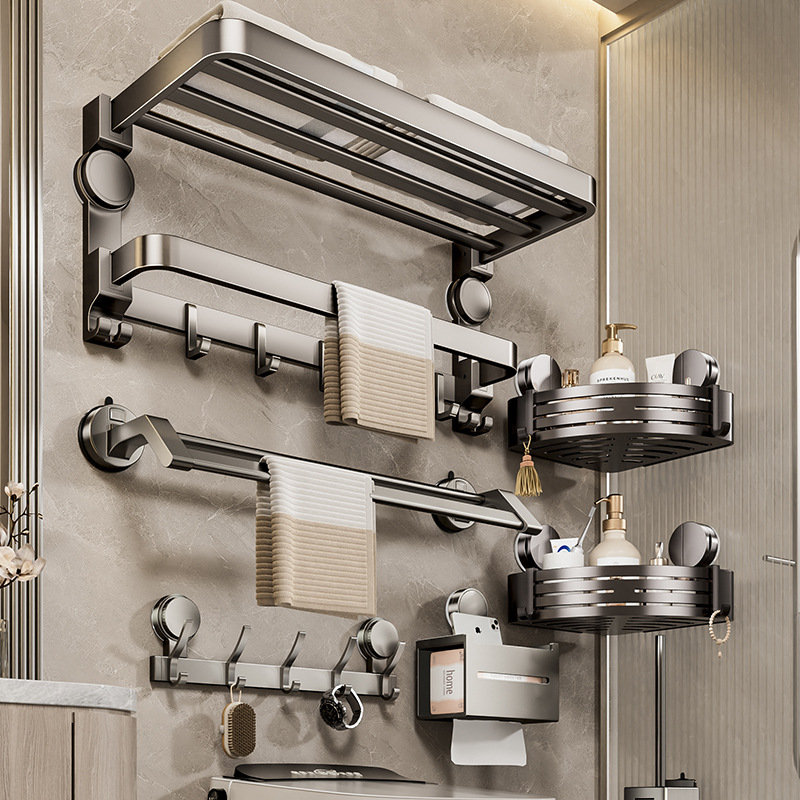 吸盘毛巾架卫生间免打孔挂杆浴室置物架一体淋浴房厕所收纳浴巾架