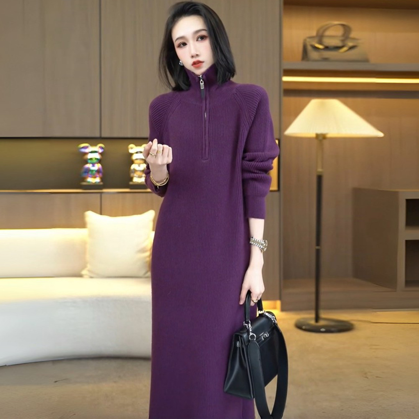 秋冬配大衣内搭中长款毛衣裙女神范加厚保暖针织打底连衣裙高级感