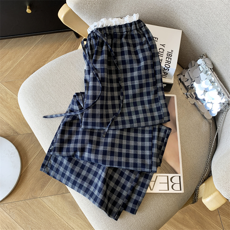 蕾丝花边腰头格子裤休闲夏季慵懒松弛感阔腿高腰显瘦垂感直筒裤子