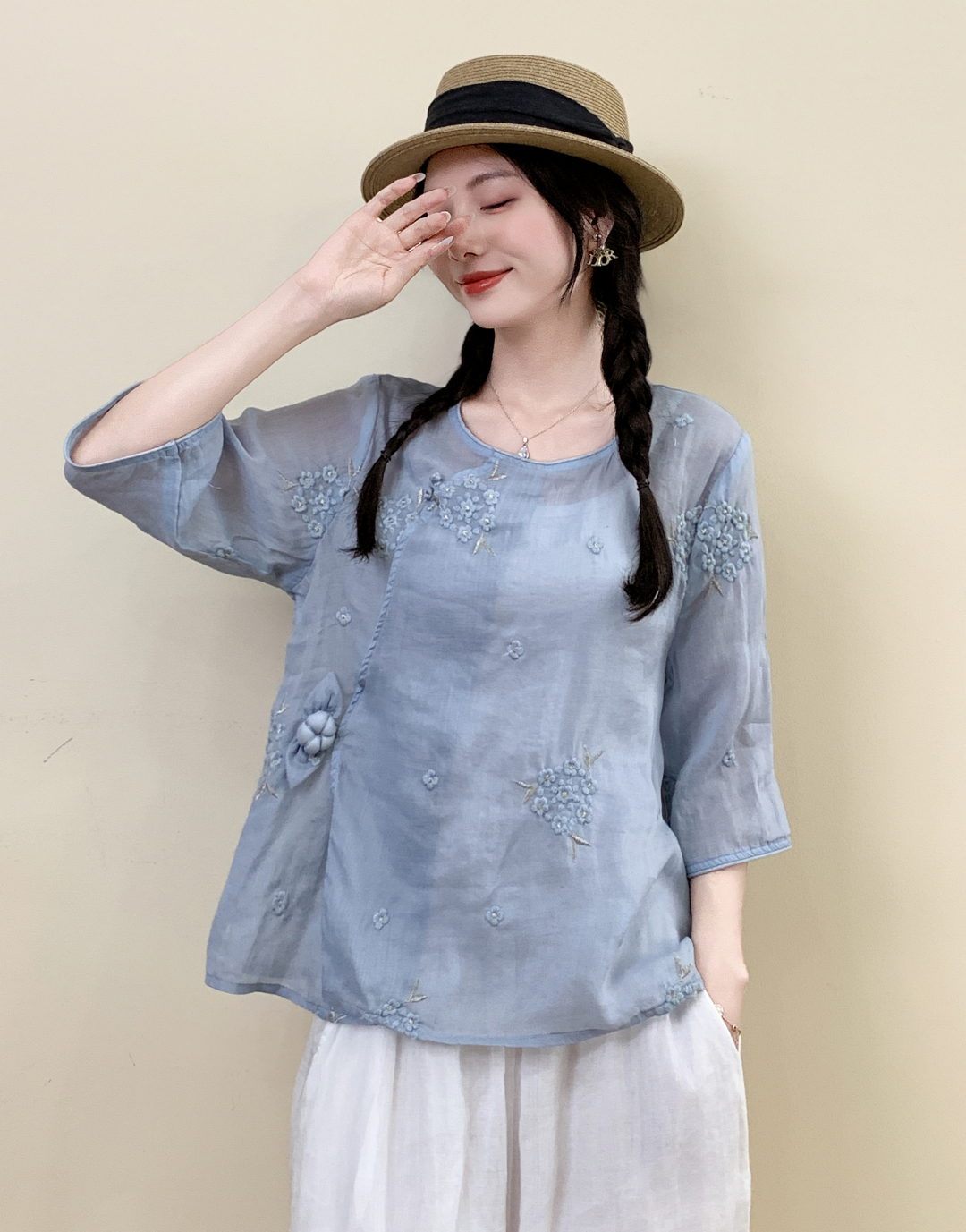 《南瓜花》夏新款纯苎麻刺绣手工盘花复古宽松显瘦百搭圆领上衣女