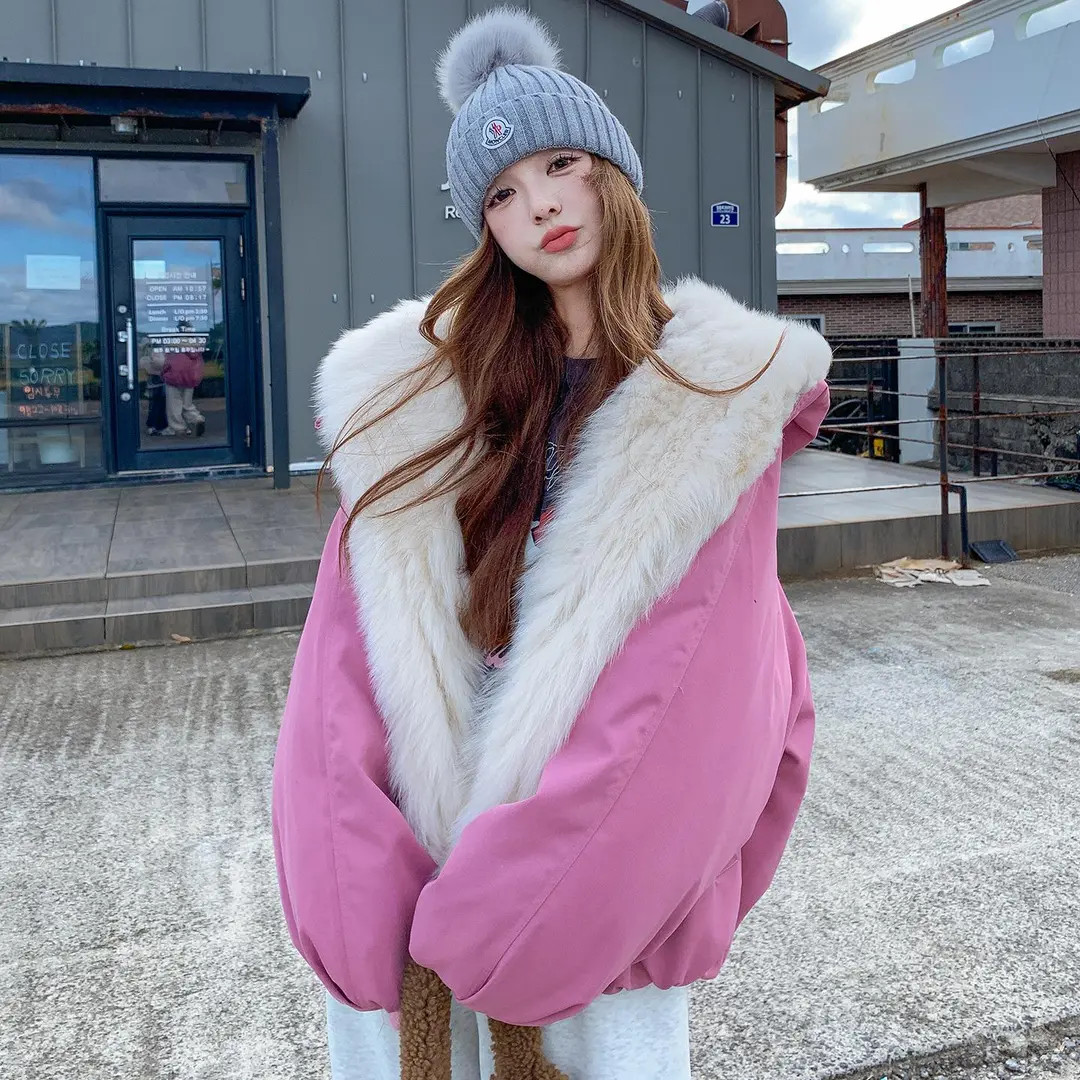 粉色大毛领甜美减龄爆绒内胆羽绒服女冬季2025新款韩系小个子短款