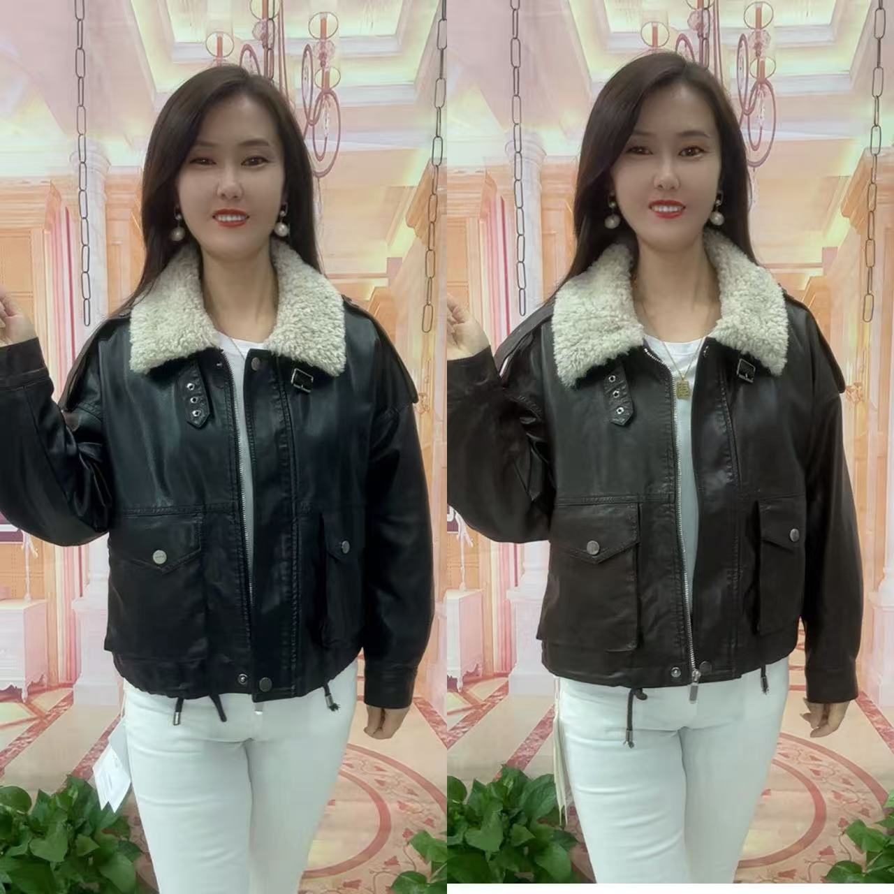 8862款糕毛领加绒皮 U 外套（非动物皮毛）