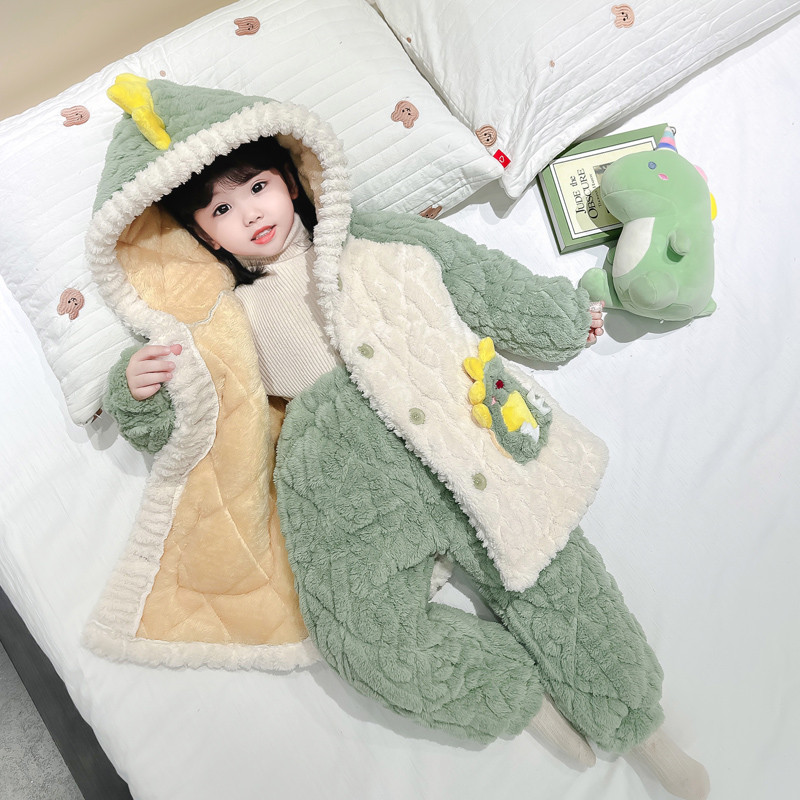儿童睡衣冬季珊瑚绒三层夹棉女童加绒加厚冬款女宝宝法兰绒家居服