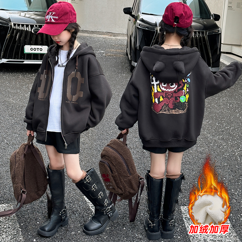 女童外套秋冬款2025新款洋气儿童冬装加绒卫衣宽松棒球服大童上衣