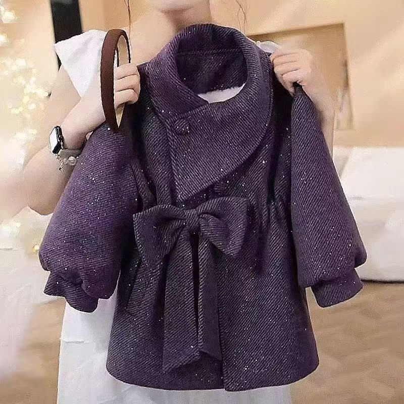 女童长袖外套2025冬季新款亮闪闪蝴蝶结加绒保暖外衣童装77530