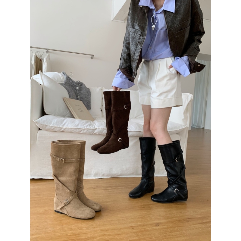 法式内增高交叉皮带扣设计长筒靴女秋冬通勤外穿套筒瘦瘦骑士裸靴