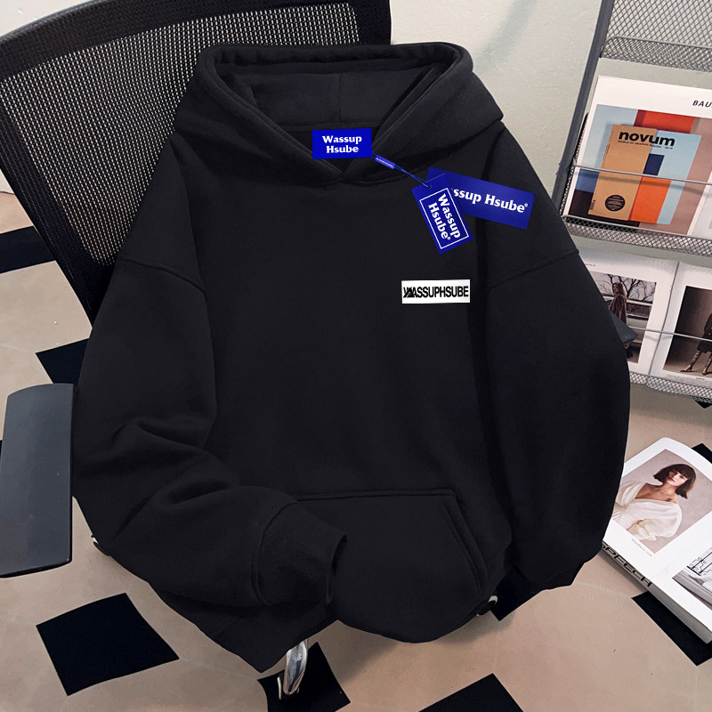 WASSUP HSUBE黑色连帽卫衣男女款秋冬季加绒慵懒风重磅高中生美式