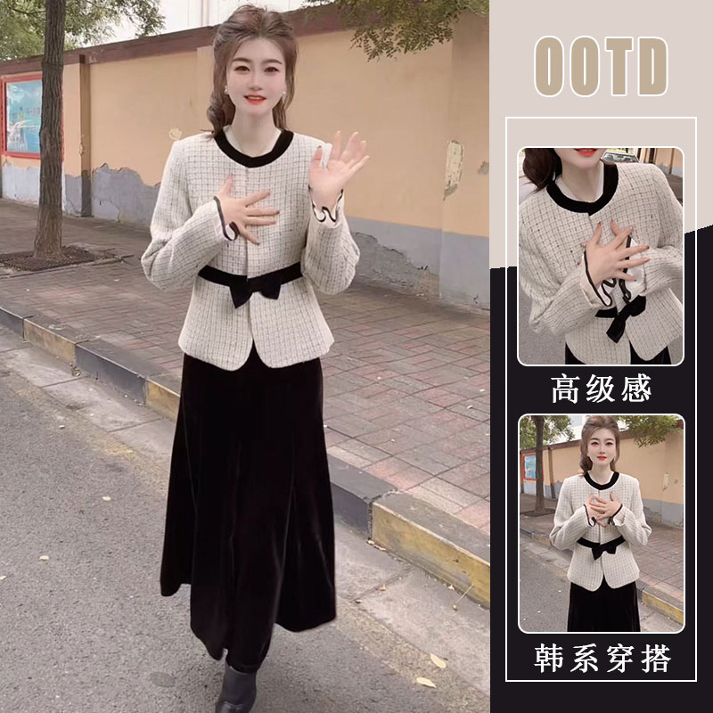 早秋气质一整套穿搭轻奢高级感巨好看小香风撞色外套半身裙套装女