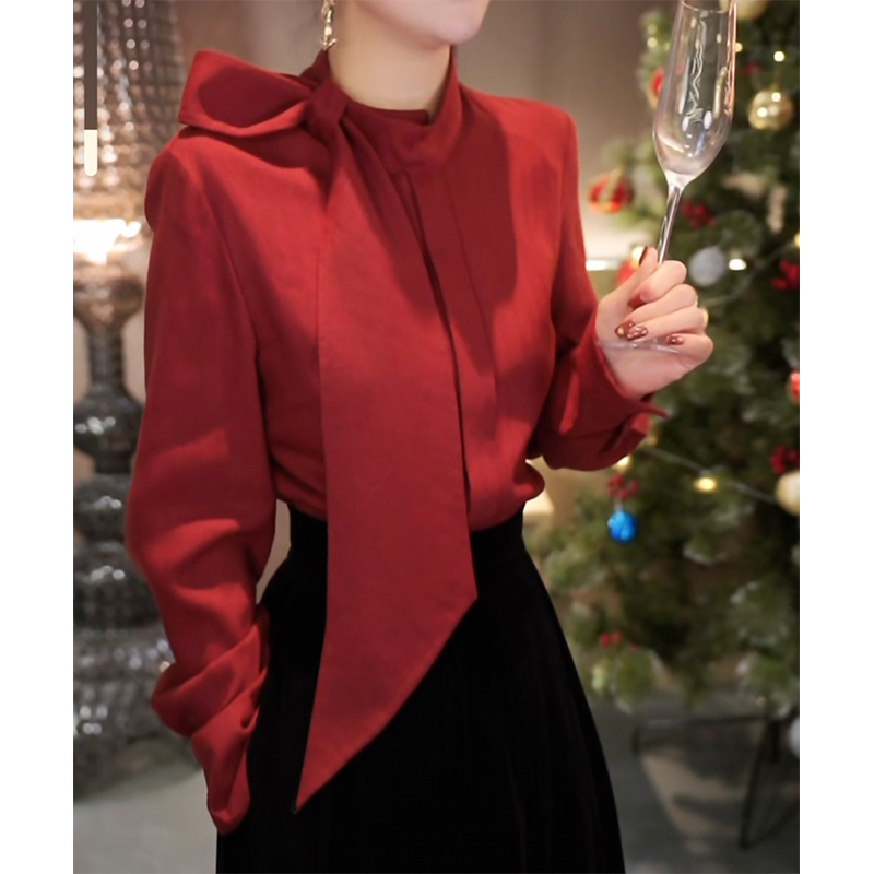 法式气质飘带蝴蝶结拼接长袖衬衫女秋冬新款高级感时髦洋气上衣