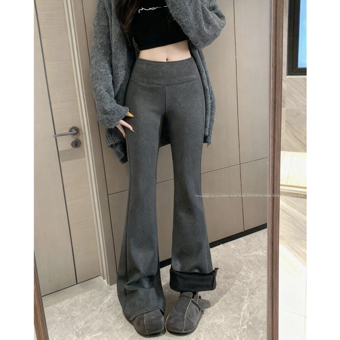 简约风松紧腰加绒加厚垂感休闲裤女冬季新款基础百搭显瘦微喇长裤