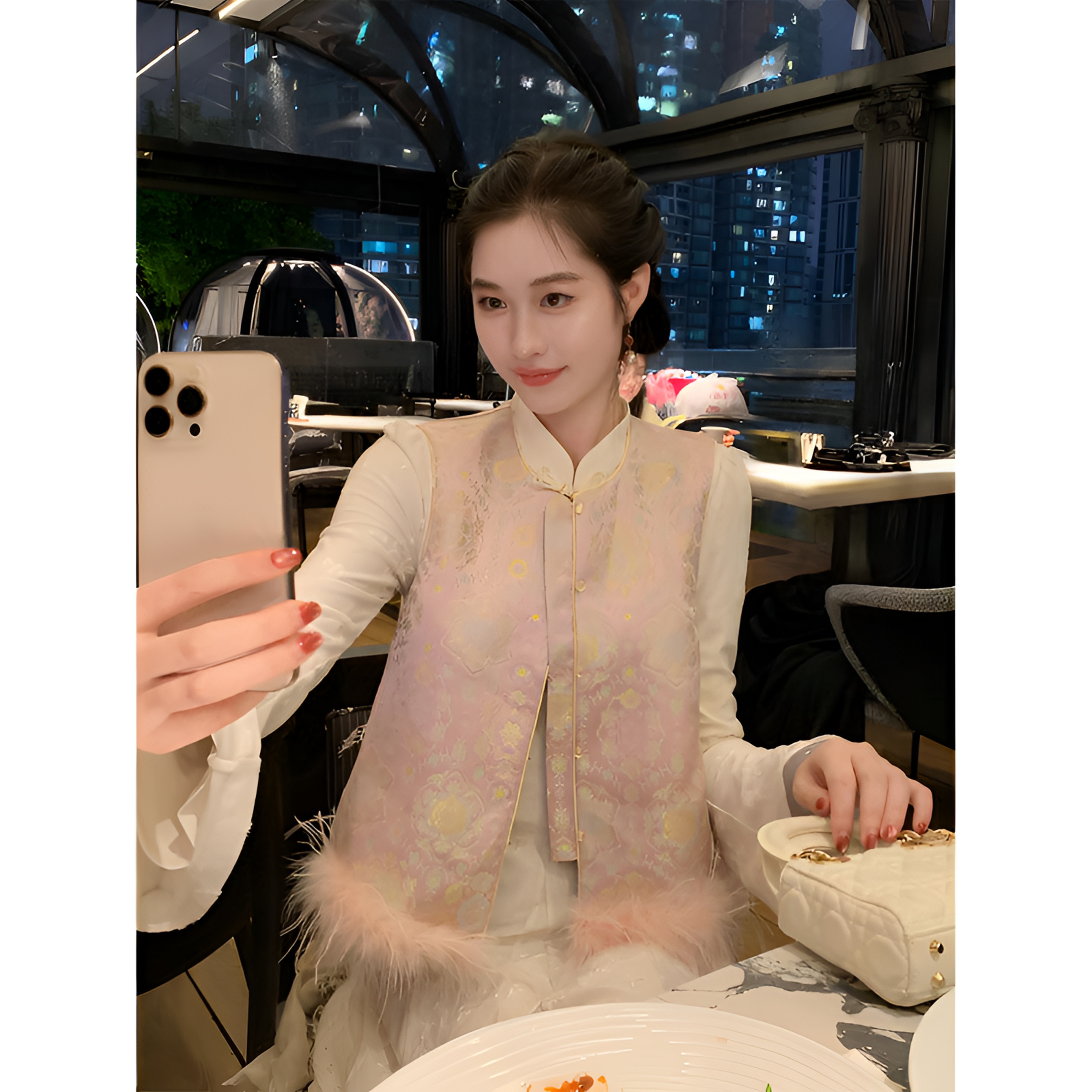 凌茜恣禾【粉洇】国风新中式粉色提花短款外搭马甲百搭拼接毛边背心