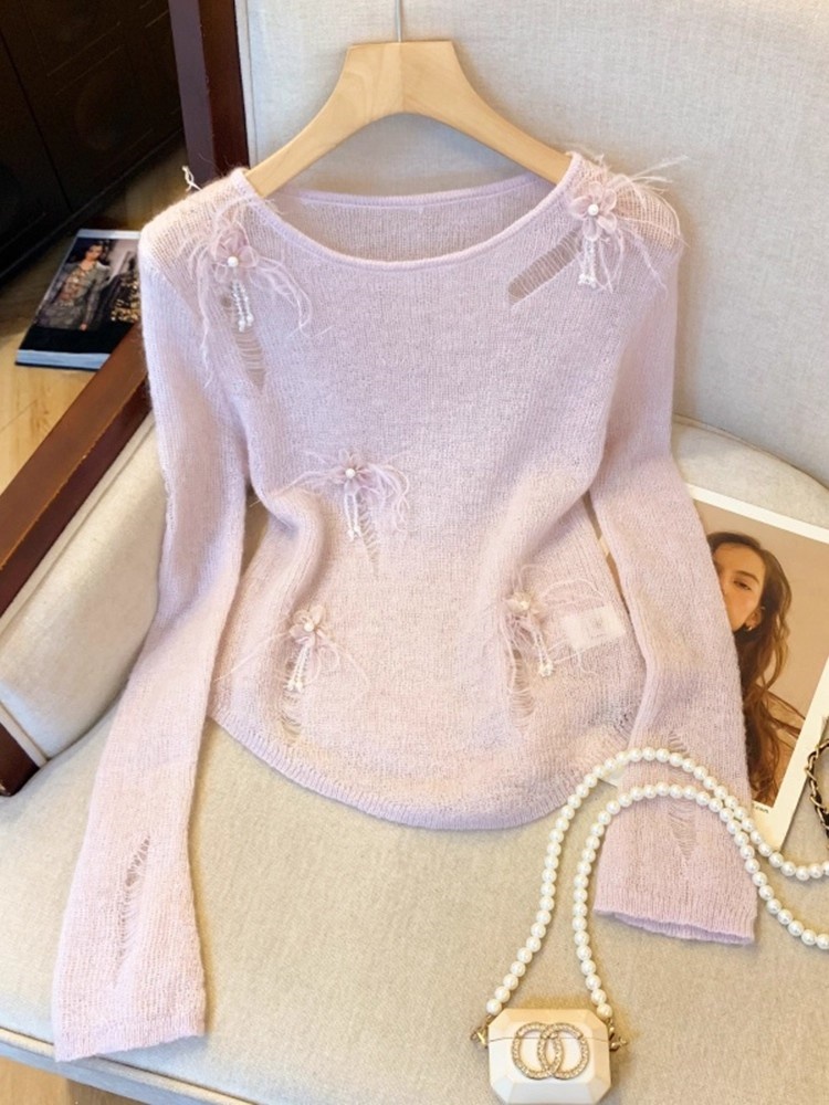 韩系圆领镂空针织衫女秋季2025年新款打底衫内搭甜美减龄长袖上衣