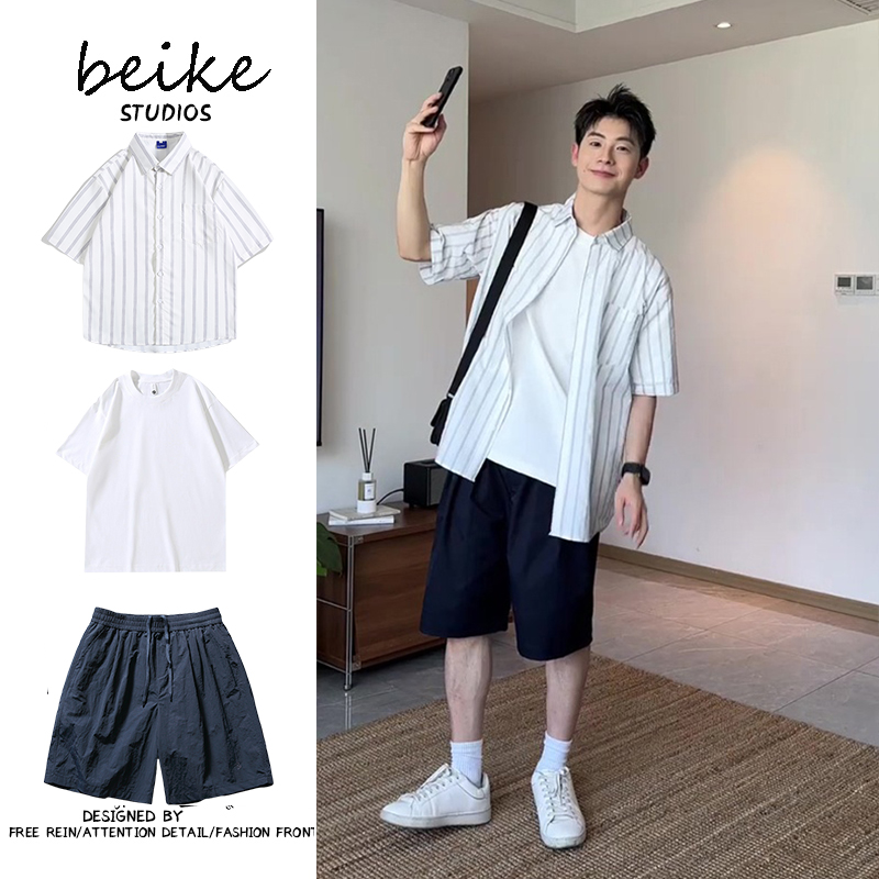 上衣/宽松冰丝褶皱翻领休闲条纹衬衫少年感日系ins衬衣套装夏季潮