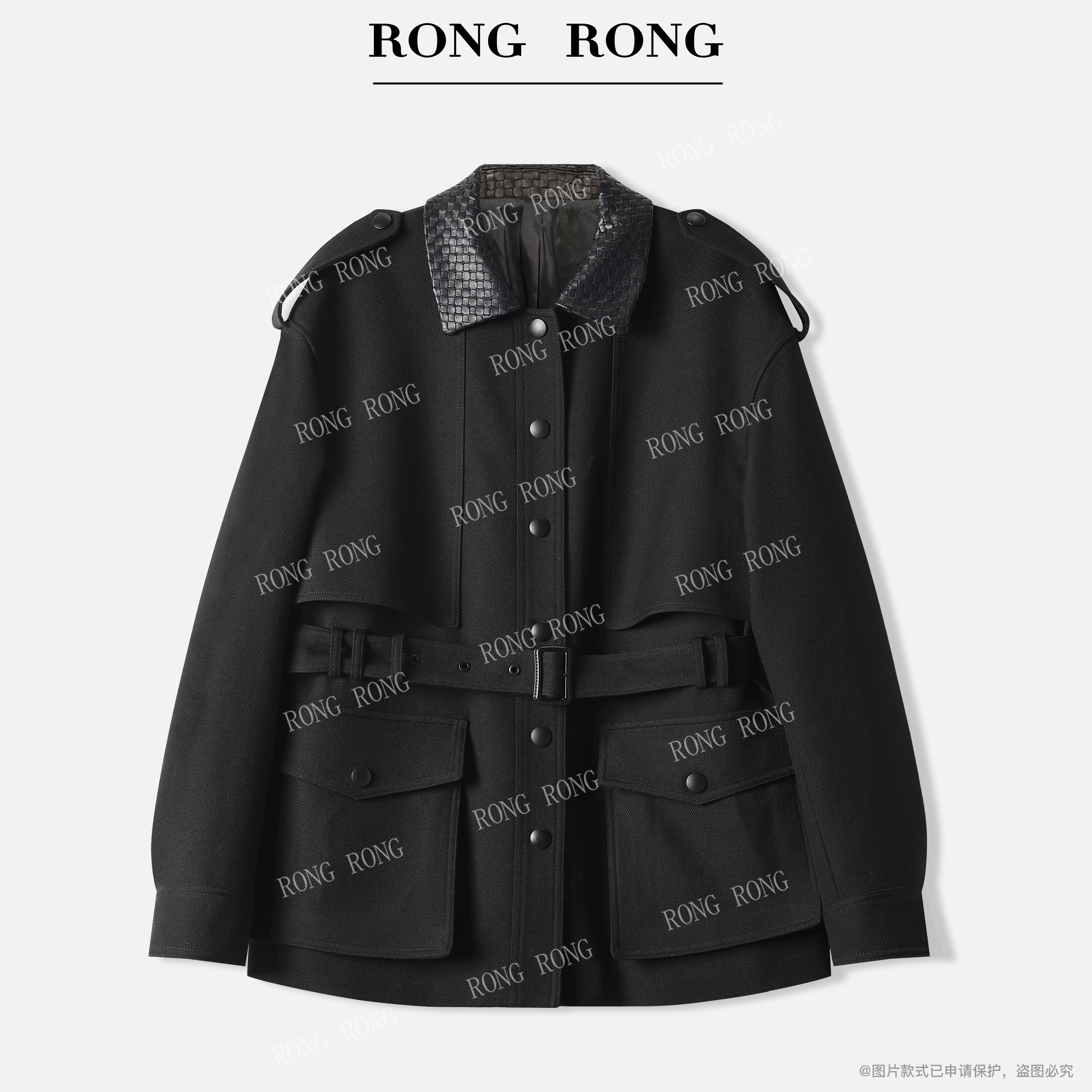 溶溶【探险家】RONGRONG 100羊毛拼接羊皮编织领老钱风外套MYZB5022