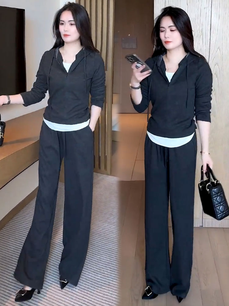 2025秋季新款爆款休闲套装女时髦洋气假两件连帽上衣阔腿裤两件套
