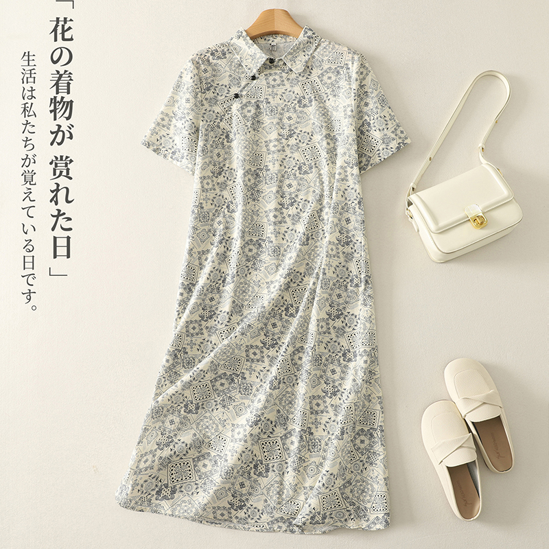 2025夏季时尚新款新中式国风复古印花中长款翻领a字亚麻连衣裙 女
