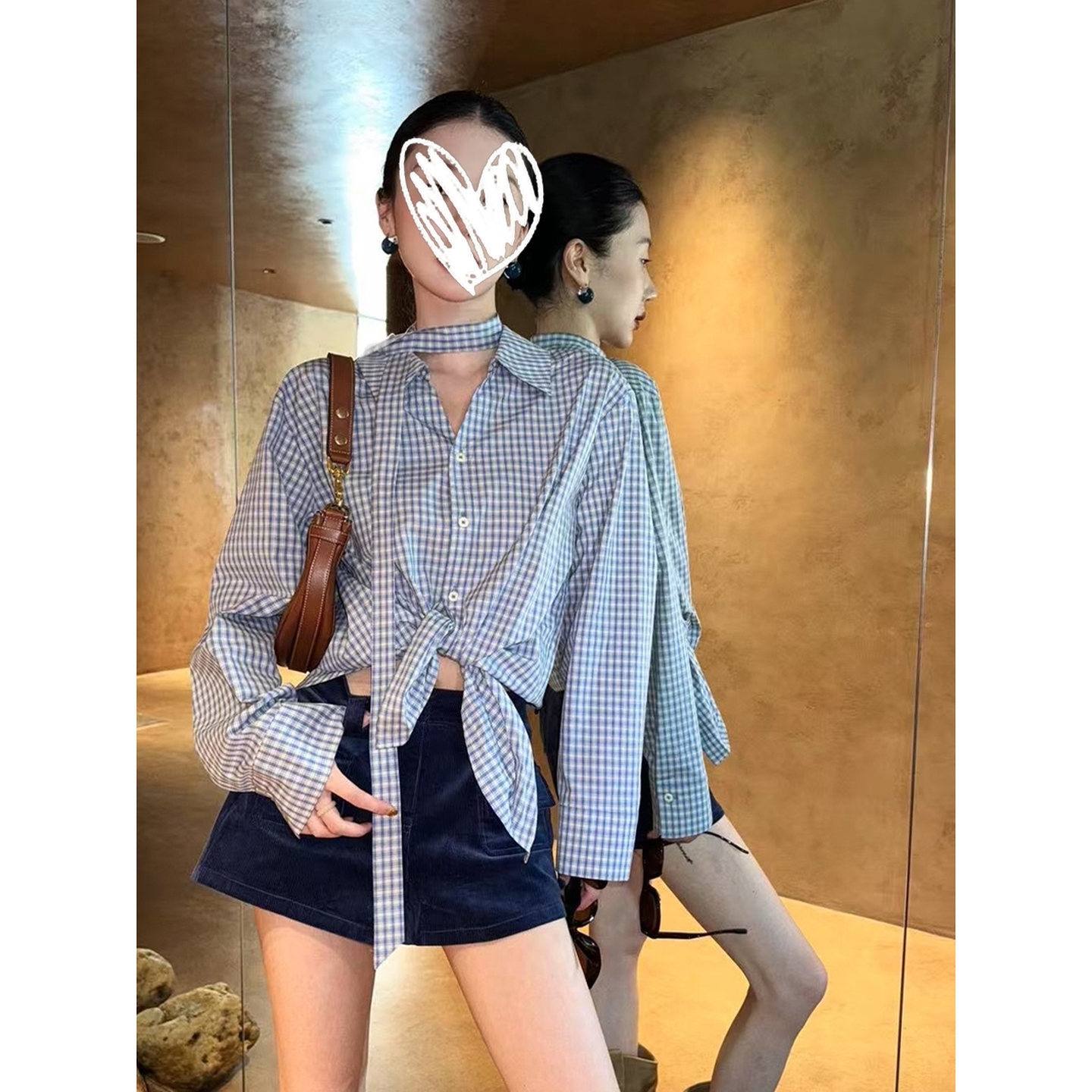 气质翻领挂脖系带打结宽松长袖格子衬衫女装2025春秋新款百搭上衣